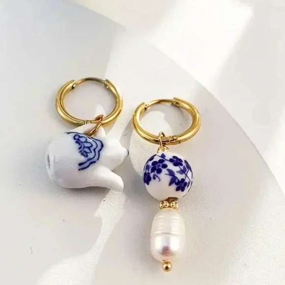 Ceramic Teapot Mismatched Hoop Earrings - Picture 4 of 13